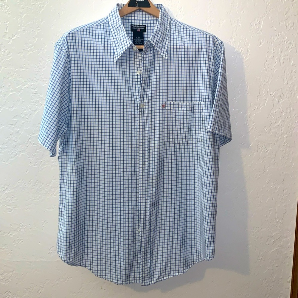 Vintage 90’s Y2K Polo Jeans Blue And White Grid Check Shirt 100% Cotton Size XL